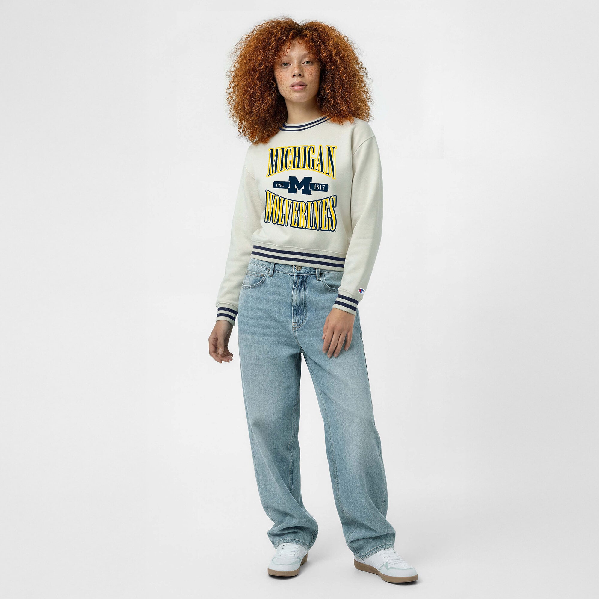 Women's Champion White Michigan Wolverines Yarn Dye Rib Reverse Weave Crew Sweatshirt